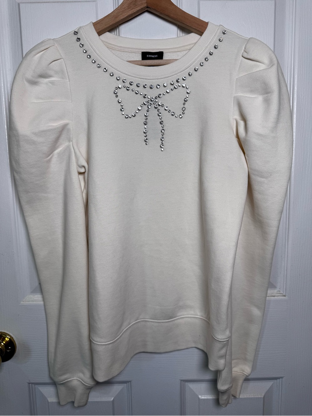 NWT Express Rhinestone Bow Puff Sleeve Sweatshirt Ivory Coquette XS